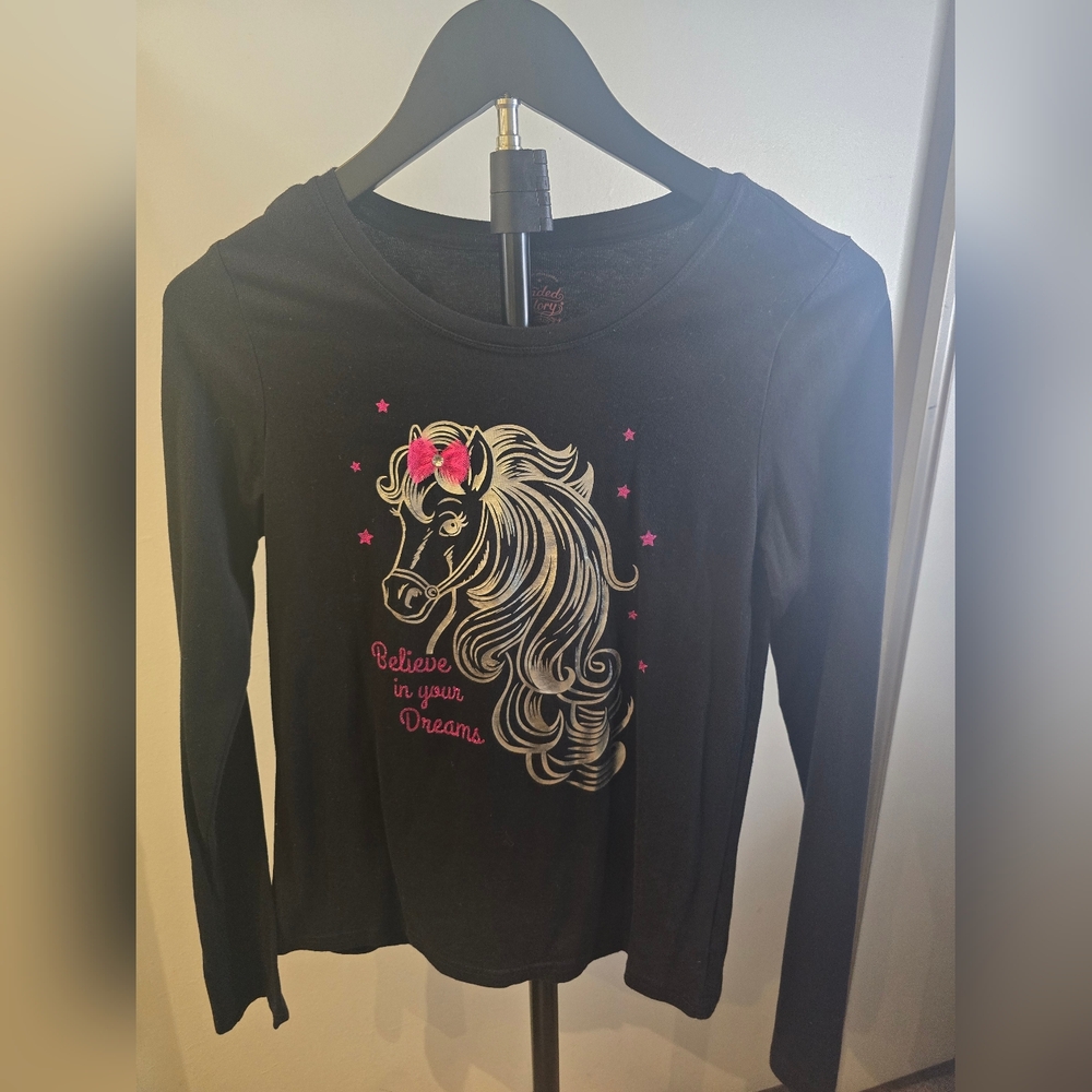 Faded Glory Black Long Sleeve Kids Tee with Horse Graphic